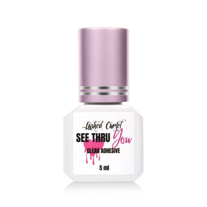 Bottle of clear eyelash extension glue with a pink cap, labeled 'See Thru You' with 5mL size indicated.
